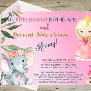 Siblings baby shower, combined elephant baby shower and princess birthday, corjl digital printable, pink invitation invite, blonde princess.