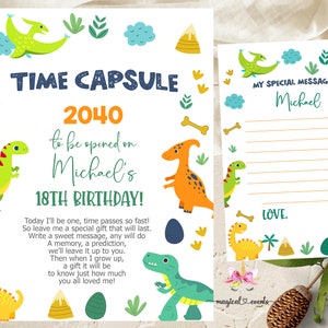 Tablero de la cápsula del tiempo del cumpleaños del niño de los dinosaurios y tarjeta de mensaje, imprimible digitalmente, diseño que imprimes, cápsula del tiempo del niño de los dinosaurios, cápsula de los dinosaurios.