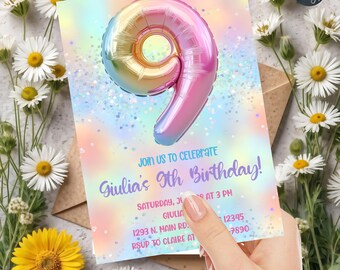 BALLON NINE 9e verjaardagsuitnodiging meisje, 9e verjaardag meisje, ballon 9, glitterballonballonnen, corjl bewerkbaar, digitaal afdrukbaar.
