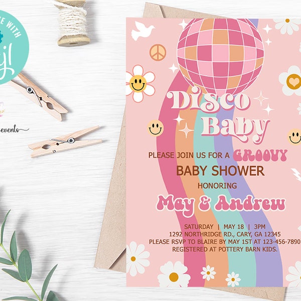 Groovy Baby, Disco Baby shower invitation, 70's retro daisies, girl groovy baby shower invite, digital printable, disco ball, corjl editable
