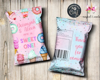 Sweet One girl birthday Chips Bag Wrapper, digital printable, birthday favor favors, party supply supplies, chips bag wrapper cupcakes donut