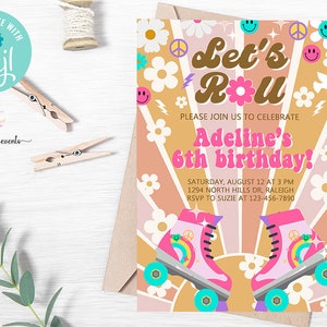 Groovy roller skating birthday invitation, 70&#39;s retro hippie daysies, birthday invite, corjl digital printable, roller skates let&#39;s roll.