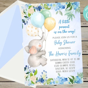 Elephant and balloons baby shower invitation, boy baby shower invite, blue elephant balloons, corjl editable digital printable, blue flowers