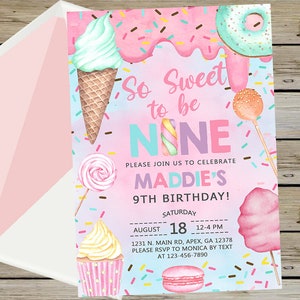 Candy so SWEET to be NINE girl birthday invitation, birthday invite, cotton candy sweets donut ice cream cupcake, corjl digital printable.