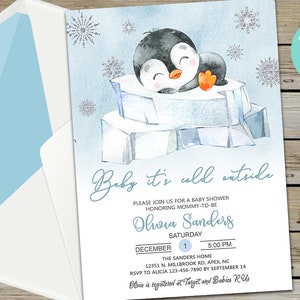 Baby su frío exterior pingüino baby shower invitación, invitación a la ducha de invierno, imprimible digital, copos de nieve plateados pingüino de nieve corjl editable