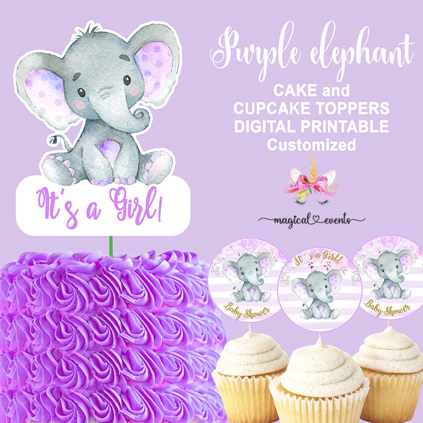 Purple elephant girl baby shower cake topper, cupcake topper and  centerpiece, girl elephant baby shower, 8x8 in, digital printable