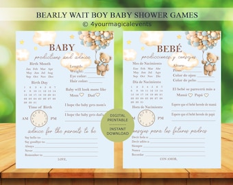 Three 3 bearly wait boy bear baby shower games bundle, games package, games pack, español spanish & english, juegos de baby shower, oso.