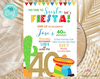 Geen tijd om te siësta, let fiesta, 40e verjaardagsuitnodiging, ELKE LEEFTIJD verjaardagsuitnodiging, fiesta 40, corjl digitaal afdrukbaar, man volwassen uitnodiging.