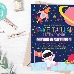 Outer space 1st birthday invitation, girl outer space invite digital printable, space-tacular spacetacular, astronaut planets stars, corjl.