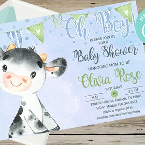 Oh boy cow baby shower invitation, boy baby shower invite, blue baby cow and buntings, digital printable, digital download, corjl editable.
