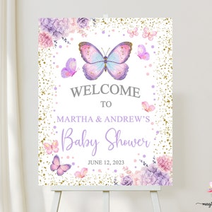 16x20 Butterfly / butterflies baby shower welcome sign, pink purple flowers gold, girl baby shower welcome sign, butterfly welcome sign.