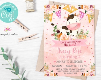 Cow girl birthday invitation, girl cow birthday invite, digital printable, have you heard the moos, pink flowers, corjl digital printable.
