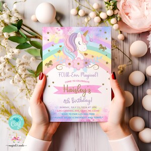 May include: A pink and blue unicorn birthday invitation with gold glitter accents. The invitation reads "FOUR-Ever Magical! Come to Celebrate Haisley's 4th Birthday!" with details for the party, including the date, time, location, and RSVP information. The invitation also includes the text "Please bring a swimsuit and towel."