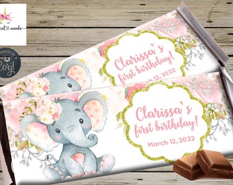 Pink blush flowers and elephant birthday candy wrapper, girl birthday favors, favor, girl pink blush elephant, digital printable, elephant.