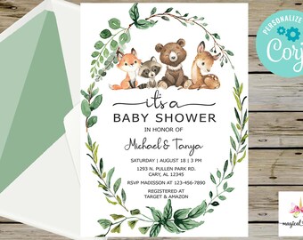 May include: A baby shower invitation with a woodland theme. The invitation features a wreath of green leaves with a fox, raccoon, bear, and deer inside. The text reads "it's a baby shower in honor of Michael & Tanya".