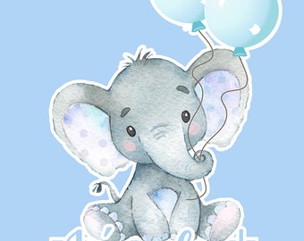 Blue elephant its a boy baby shower cake topper or centerpiece, boy elephant baby shower, 8x8 in, digital printable, blue balloons.