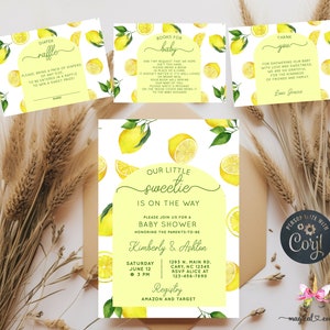 Lemons girl baby shower invitation, books for baby, diaper raffle, digital printable, lemon lemons summer invite, corjl editable, sweetie.