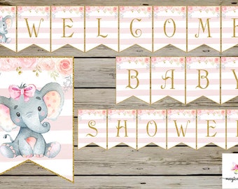 Olifant & roze ballon baby shower digitale banner, baby shower gunsten gunst, meisje olifant thema digitale afdrukbare aangepaste douche banner