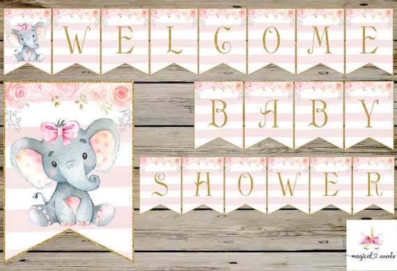 Elephant Pink Balloon Baby Shower Digital Banner, Baby Shower