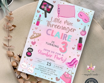 Threenager fashion & makeup girl 3rd third birthday invitation, girl spa make up birthday invite, corjl digital printable,  slumber party.