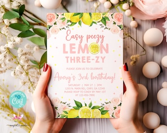 Zitronen 3. Geburtstag Einladung Mädchen einladen, Corjl bearbeitbar digital bedruckbar, Zitronen Sommer Geburtstagseinladung, einfach peezy Zitrone drei-ze