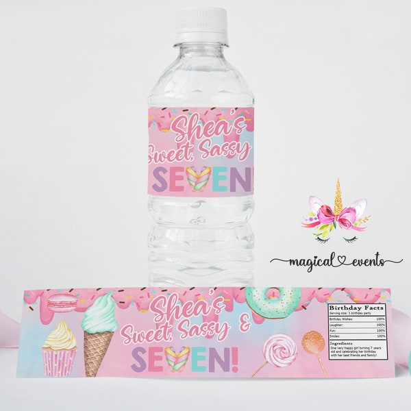 Sweet Sassy & Seven birthday water bottle labels, girl birthday favors favor, corjl digital printable, editable 7th birthday favor, candy.