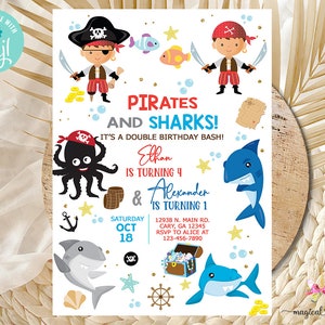 Siblings pirates and sharks birthday invitation, two boys brothers, birthday invite corjl, digital printable, siblings double birthday bash