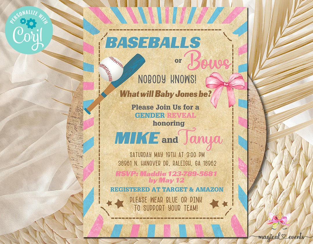 Baseball or Bows Gender Reveal Invitation, Gender Reveal Invite