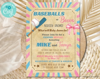 Baseball or bows gender reveal invitation, gender reveal invite, baseballs or bows, digital printable, instant download, corjl editable.