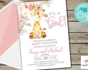 Pink giraffe baby shower invitation, boho girl invite, pink blush flowers, digital printable corjl editable, giraffe baby shower, its a girl