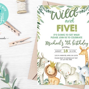 Safari animales salvajes e invitación de cumpleaños de cinco niños, invitación de cumpleaños de safari, imprimible digital, cebra jirafa elefante león, corjl editable