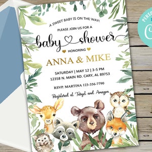 Woodland animals baby shower invitation, boy woodland invite, digital printable, corjl editable, bear deer fox raccoon bunny owl porcupine.