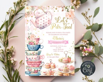 Let's Par-tea birthday invitation, par-tea girl birthday invite, girl par-tea teapot tea cups gold glitter, corjl digital printable any age.