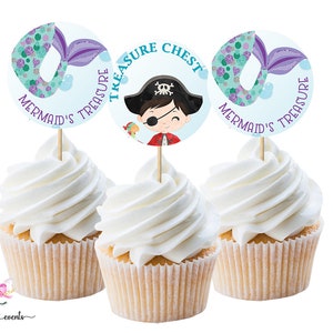 Mermaid and pirate birthday cupcake toppers, birthday favors, favor, under the sea theme, digital printable instant download cupcake toppers
