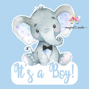 Blue elephant with bow tie boy baby shower cake topper or centerpiece, boy elephant baby shower, front and back, 8x8 in, digital printable.
