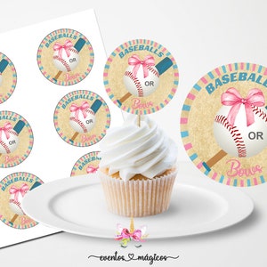 Baseballs or bows gender reveal cupcake toppers or thank you tags, digital printable instant download, baseballs or bows gender reveal favor
