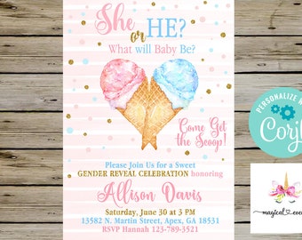 Ice cream gender reveal invitation, gender reveal invite, she or he what will baby be, digital printable, come get the scoop, corjl editable