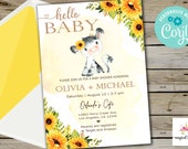 Cow baby shower invitation, girl baby shower invite, cow sunflowers, its a girl, summer, digital printable, cow sunflowers, corjl editable.