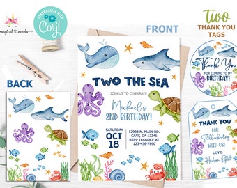 Two the Sea boy birthday invitation bundle, birthday invite front & back 2 thank you tags, corjl digital printable, sea / ocean life animals