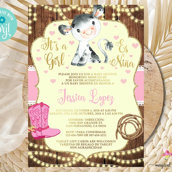 Pink cow baby shower invitation, girl baby shower invite, cow lights buntings, digital printable, English Spanish Español, corjl editable.