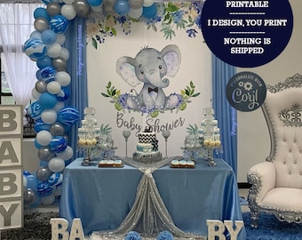 IMAGEN DIGITAL, imprimible digitalmente, telón de fondo digital, diseño que imprimas nada se envía, telón de fondo de baby shower de elefante azul y flores