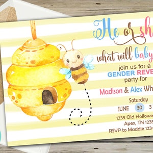 Bee gender reveal invitation, gender reveal invite, what will baby bee, digital printable, bumblebee invite, he or she, corjl editable.