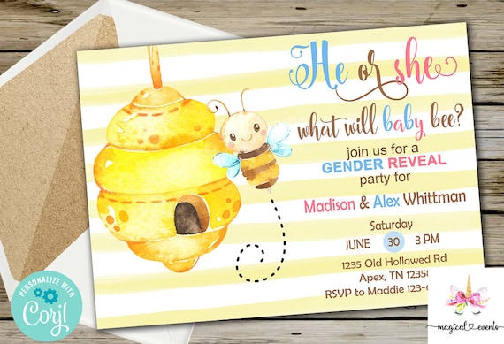 Bee Gender Reveal Invitation Gender Reveal Invite What Will Baby Bee Digital Printable Bumblebee Invite He Or She Corjl Editable