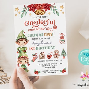Christmas elf elves birthday invitation, birthday invite, corjl digital printable, calling all elves birthday party invitation, Christmas.