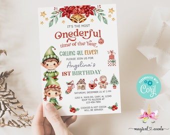 Christmas elf elves birthday invitation, birthday invite, corjl digital printable, calling all elves birthday party invitation, Christmas.