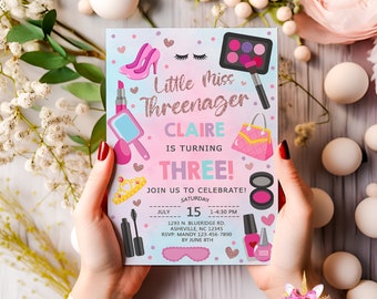 Threenager fashion & makeup girl 3rd third birthday invitation, girl spa make up birthday invite, corjl digital printable,  three-nager girl