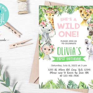 Safari Wild One birthday invitation, girl invite safari animals pink flowers tropical leaves, digital printable, first 1st birthday, corjl.