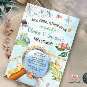 May include: A blue and green baby shower invitation with a magnifying glass and various insects, including a ladybug, a caterpillar, a bee, and a spider. The text reads "Buzz, Crawl, Slither or Fly on over for Claire & Jaxson's Baby Shower!"  Saturday, June 18 at 5 PM, 1293 N. Main Rd., Cary, NC 12345. Please RSVP by text to Cindy at 123-456-7890. Registry at Target and Amazon.
