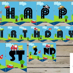 Jongen transport verjaardag digitale banner, verjaardagsgunsten, gunst, digitale afdrukbare instant download, voertuigen auto's vrachtwagens vliegtuig trein boot jongen