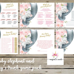 Lot de jeux baby shower éléphant, lot de jeux fleurs éléphant fille, lot de jeux éléphant, éléphanteau, trompe de maman, paillettes d'or rose.
